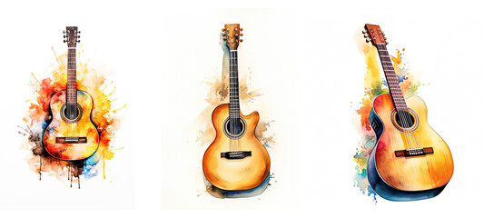 play acoustic guitar music watercolor - obrazy, fototapety, plakaty
