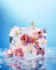 Beautiful frozen flowers in ice cube on blue background. Summer floral composition in pastel colors. Nature concept.