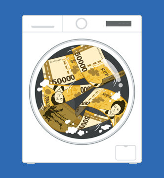 Money laundering, Korean money in the washing machine.