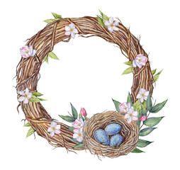 Watercolor composition with hand-painted elements of a twig wreath, apple tree flowers, and a bird nest with leaf branches on a transparent background. Easter pre-made composition for printing design.