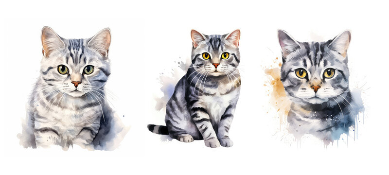 portrait american shorthair cat watercolor