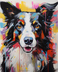 Abstract expressionist and watercolor digital painting of a border collie 