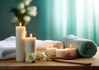 Fototapeta na wymiar Beautiful spa composition on massage table in wellness center, AI Generated
