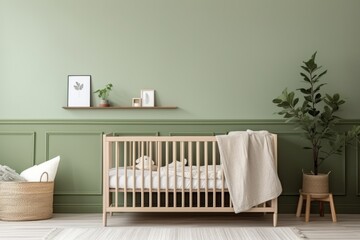 Wooden baby bed in children bedroom, sage green wall with posters.
