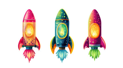 Rocket launching watercolor isolated in transparent background, cartoon rockets set, Watercolor isolated kids illustration