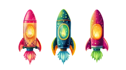Fotobehang Ruimteschip Rocket launching watercolor isolated in transparent background, cartoon rockets set, Watercolor isolated kids illustration