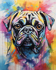 Abstract and watercolor expressionist digital painting of a pug
