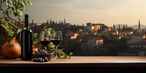 Wineglass and bottle next to panoramic view of Italian village. Generative AI
