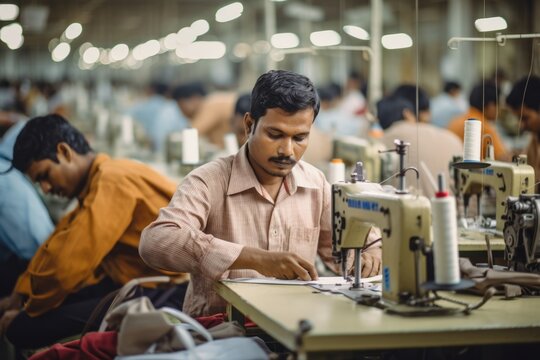 Asian Indian seamstress male workers in textile factory