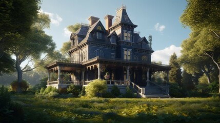 Fototapeta na wymiar A Victorian mansion with a wrap around porch.Generative AI