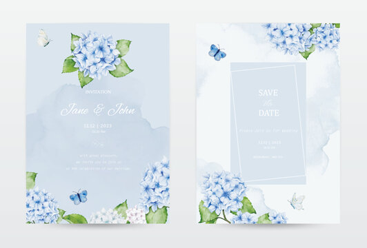 Set of pastel watercolor invitation cards with blue hydrangea flowers