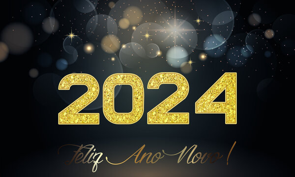cartão ou banner para desejar um feliz ano novo 2024 em ouro sobre fundo preto com círculos em efeito bokeh e estrelas