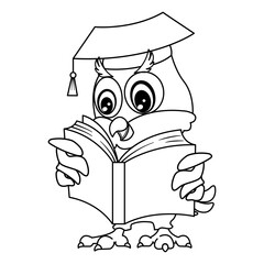 Cartoon Owl Reading Book for Coloring Page. The concept of self-education. Vector Illustration of a Wise Bird in a Graduation Hat and a Book