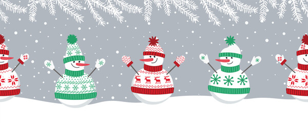 Cute snowmen have fun in winter holidays. Seamless border. Christmas background. Four different snowmen in red and green winter clothes under snow. Template for a greeting card. Vector illustration