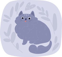 Vector illustration of Cute cat licking paw, washing, cleaning and grooming itself with tongue.
