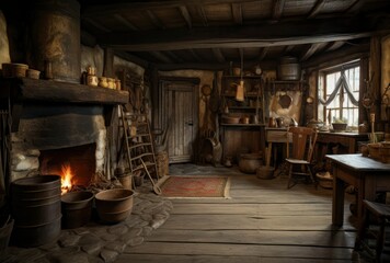 Dark moody medieval tavern inn interior with food and drink on tables, burning open fireplace, candles and daylight through a window. generative ai