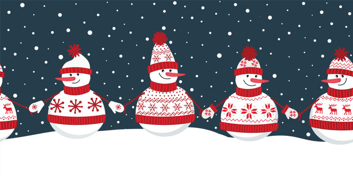 Snowmen rejoice in winter holidays. Seamless border. Christmas background. Different snowmen in red winter clothes holding hands. template for greeting card. Vector image on dark blue background
