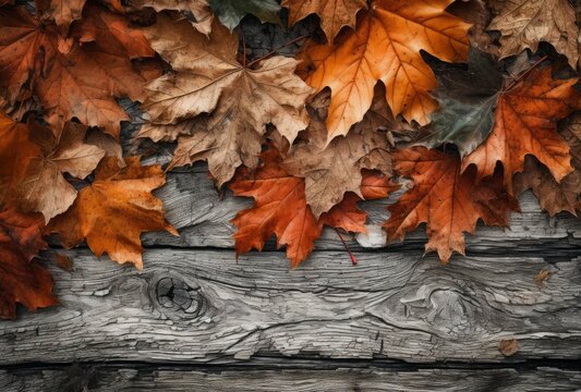 Autumn fallen leaves, acorns, cones on wooden board. Autumn natural Background, generative ai