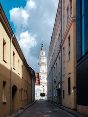 Kaunas, Lithuania - 07 26 2023: Tower of Kaunas Town Hall. View from a neighboring street