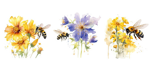 nectar bee flying to flower watercolor