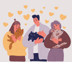Vector illustration of Happy diverse people hold in arms cats and dogs show love and care. Smiling men and women with domestic pets. Saving animal from shelter. Human and puppy friendship.