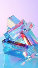 Broken glass prism through which sunlight passes and falls on plain pastel rainbow magenta surface. Abstract colorful background. 