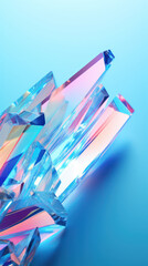 Broken glass prism through which sunlight passes and falls on plain pastel rainbow magenta surface. Abstract colorful background. 