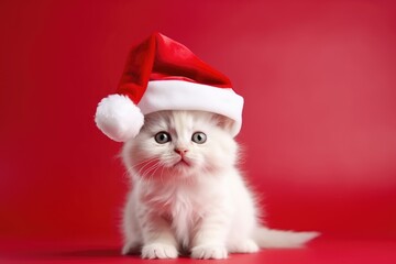 Kitten wearing santa hat on red background with copy space. AI Generated