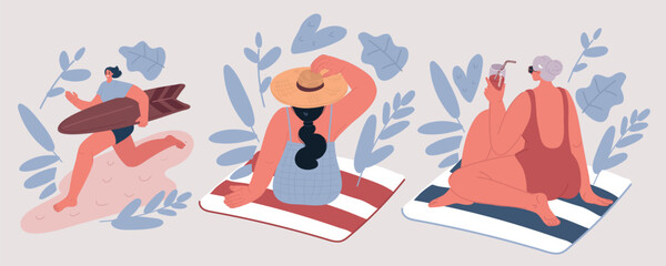 Vector illustration of Three female characters on the beach. Women resting on the beach Set. Woman run with board for surfing, man sitting on beach with coctail and wearing hat. Rear view.