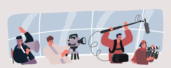 Vector illustration of Shooting action movie. People film crew makes a film in the studio or blogger team make video content together. Camera operator, clapperboard, become film director - obrazy, fototapety, plakaty