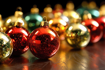 Colorful christmass ornaments. Festive background, AI generative, illustration.