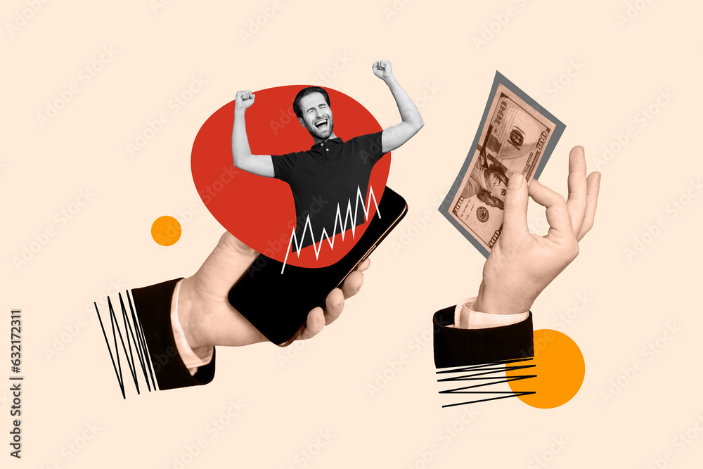 Poster Picture collage image poster of crazy happy guy on screen display cash payment online shop order isolated creative drawing background