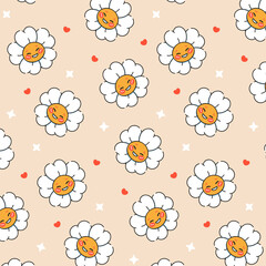 Stay groovy. Seamless pattern of bright trippy retro daisies characters. Nostalgia for the 60s, 70s