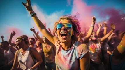 A big group of young people cheering and celebrating outside summer festival in the daytime laughing with joyful joy splashing colors Holi festival