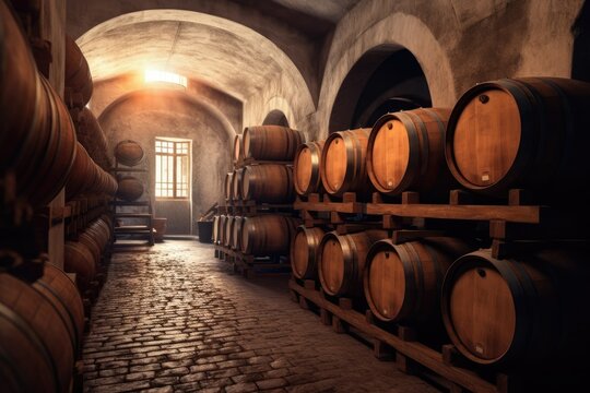 Wine barrels stacked in the cellar of the winery. Winemaking concept, ai generative