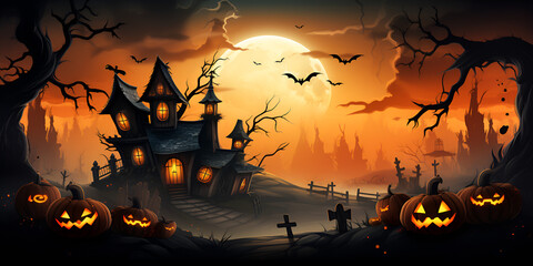 Halloween background with glowing pumpkins and haunted house, Halloween pumpkins in graveyard on the spooky night halloween background concept, Halloween Haunted House, generative Ai 

