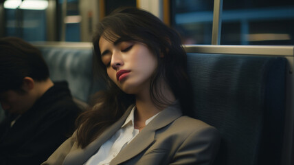 電車の中で眠る女性