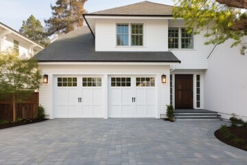 White garage door with a driveway in front. - obrazy, fototapety, plakaty