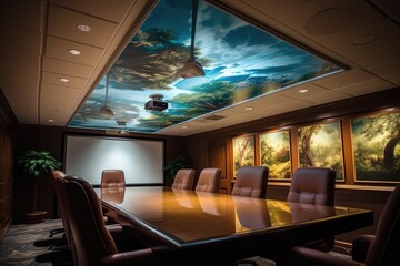 Overhead digital projector mounted on the ceiling of the boardroom.