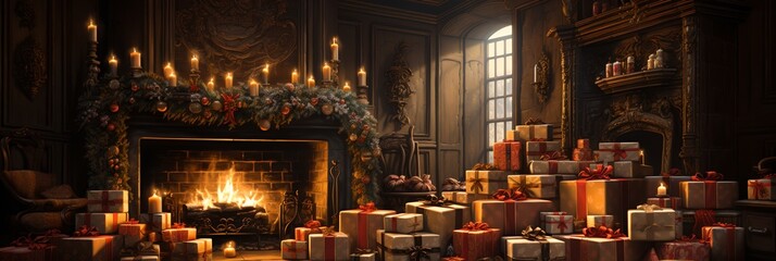 Christmas decorations and a fireplace, generative ai