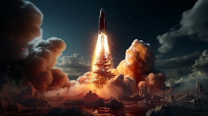 a red rocket taking off in the night sky. - obrazy, fototapety, plakaty