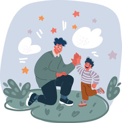 Vector illustration of young dad giving high five gesture to son for success school achievement, parenthood time. Family parenting concept.