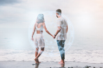 Horoscope compatibility. Loving couple and zodiac wheel