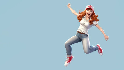 Obraz premium Happy girl wearing hat jumping, copy space for text.
