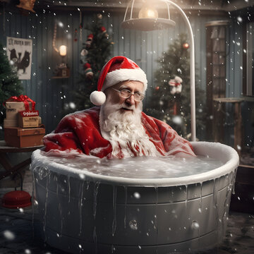 Santa claus taking an ice bath. Christmas, snowy photo.