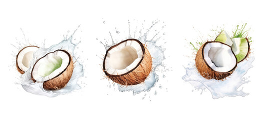 refreshment coconut cut splash juice watercolor - obrazy, fototapety, plakaty