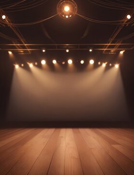 Empty Wooden Floor With Bokeh Light Effect On Stage Background, Dark Background, Stage Background