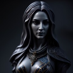 Marble sculpture portrait of female necromancer, low key. Generative AI