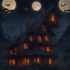 Fototapeta na wymiar A Halloween house in deep jungle, moon night, flying bat on sky, showing ghost in front house