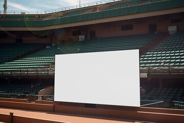 Blank white scoreboard with mockup mounted on sport arena stadium before start of match.